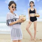Set: Contrast Trim Bikini Top + Swim Shorts + Short Sleeve Printed Cover-up