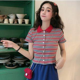 Short-sleeve Striped Buttoned Cropped Knit Top