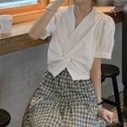 Twisted Short-sleeve Blouse / Plaid Mini A-line Skirt