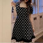Puff-sleeve Square-neck Argyle Print A-line Dress