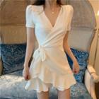 Short-sleeve Tie-waist Frill Trim A-line Mini Dress White - One Size