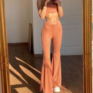 Set: Plain Knit Crop Tank Top + Knit Wide-leg Pants
