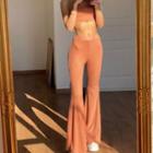 Set: Plain Knit Crop Tank Top + Knit Wide-leg Pants