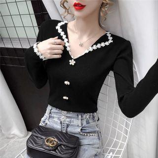 Floral Trim Polo-neck Knit Top