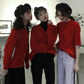 Short-sleeve Mock Neck Knit Top / Cardigan / V-neck Sweater