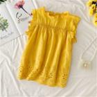 Eyelet-lace Stand-collar Sleeveless Blouse Yellow - One Size