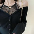 Off-shoulder V-neck Long-sleeve Knit Top / Lace Halter Top / Faux-leather Skirt