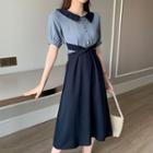 Short-sleeve Color Block Cross A-line Dress As Shown In Figure - One Size