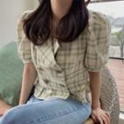 Short-sleeve Double Breasted Plaid Blouse