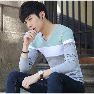 Color Panel V-neck Long Sleeve T-shirt