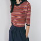 Striped Elbow-sleeve Knit Top Stripe - Multicolor - One Size