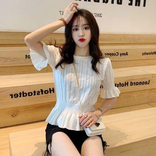 Plain Puff-sleeve Frill-trim Top