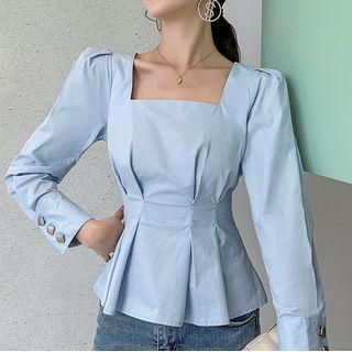 Long-sleeve Plain Gather Waist Blouse