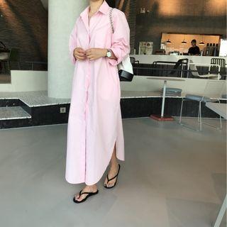 Long-sleeve Split Maxi Shirt Dress Pink - One Size