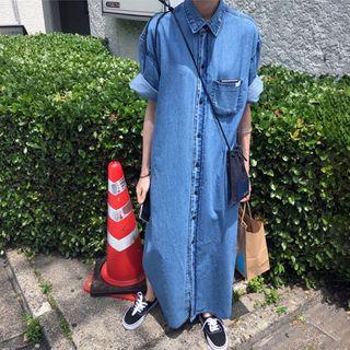 Short-sleeve Maxi Denim Shirtdress Blue - One Size