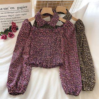Long-sleeve Floral Print Cutout Crop Top