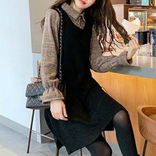 Mock Two-piece Plaid-sleeve A-line Knit Dress