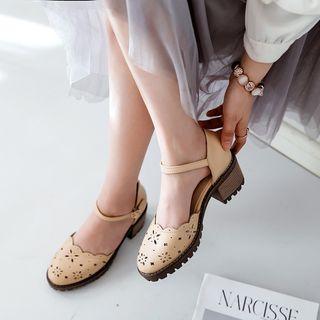Perforated Ankle Strap Block Heel Pumps
