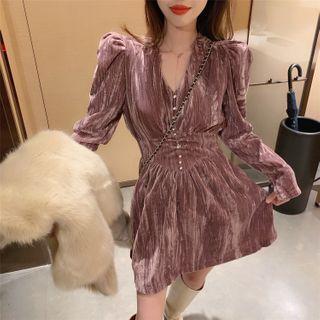 Velvet Long-sleeve V-neck Mini A-line Dress