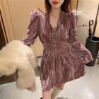 Velvet Long-sleeve V-neck Mini A-line Dress