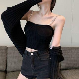 Chain Strap Camisole Top / Ribbed Cardigan