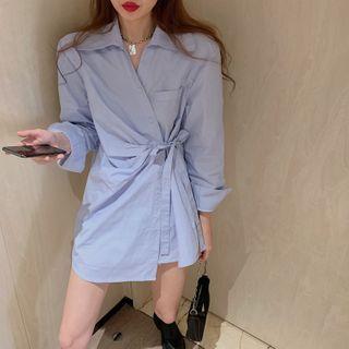 Long-sleeve Tie-strap Mini Shirtdress Blue - One Size