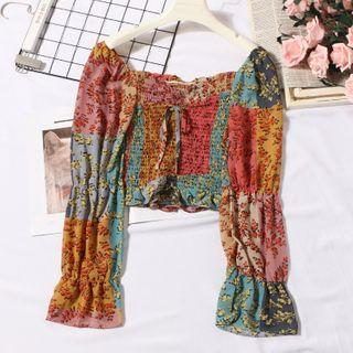 Long-sleeve Floral Print Crinkled Chiffon Top