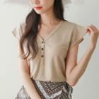Buttoned-neckline Cap-sleeve T-shirt