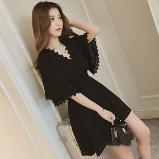 Lace Trim Short-sleeve A-line Chiffon Dress