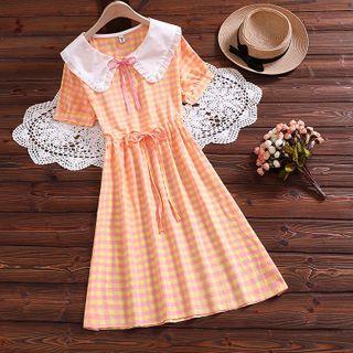 Sailor Collar Plaid Short-sleeve A-line Dress