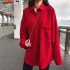Long-sleeve Plain Blouse Red - One Size