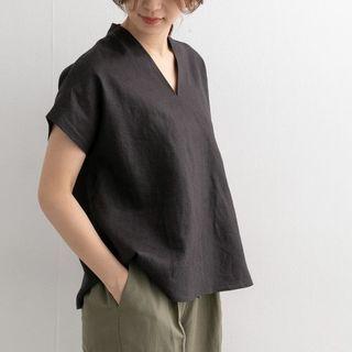 Plain Short-sleeve V-neck Linen Blouse