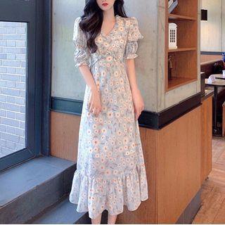 Short-sleeve Frilled Trim Daisy Patterned Maxi Dress