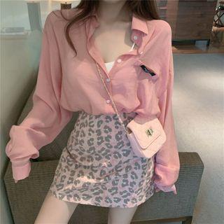 Plain Long-sleeve Shirt/ Leopard Print A-line Mini Skirt