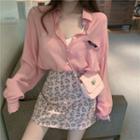 Plain Long-sleeve Shirt/ Leopard Print A-line Mini Skirt