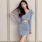 Set: Cropped Long-sleeve T-shirt + High-waist Asymmetric Mini Skirt