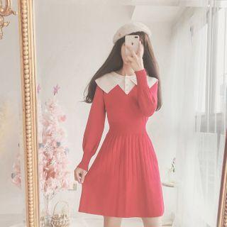 Color Block Long-sleeve A-line Knit Dress Red - One Size