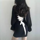 Square-neck Bow Flower Trim Long-sleeve Dress