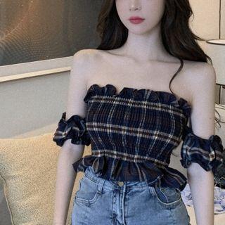 Short-sleeve Cold Shoulder Plaid Top Plaid - Black - One Size