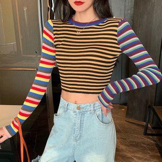 Striped Knit Top Stripes - Khaki & Purple - One Size