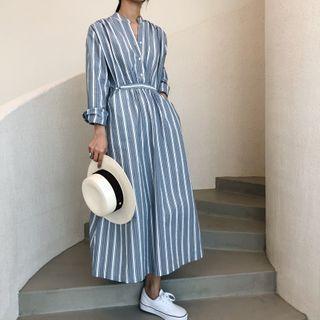 Striped Long-sleeve Midi A-line Shirtdress Stripes - Blue & White - One Size