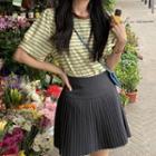 Short-sleeve Striped T-shirt / High-waist Pleated Mini Skirt