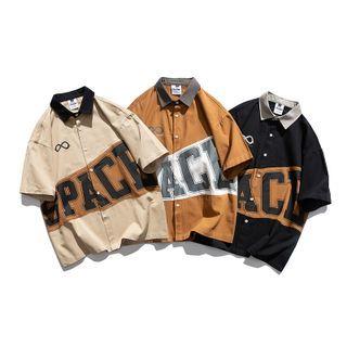 Short-sleeve Two-tone Letter Print Shirt