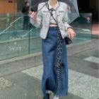Round Neck Cropped Jacket / Denim Midi A-line Skirt