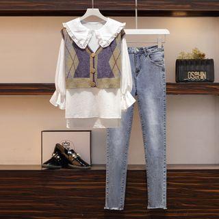 Ruffle Trim Blouse With Knit Vest / Skinny Jeans / Set