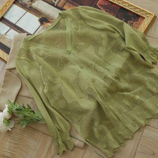 3/4-sleeve Buttoned V-neck Cardigan Green - One Size