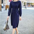 Long-sleeve Pocket-detail Midi A-line Dress
