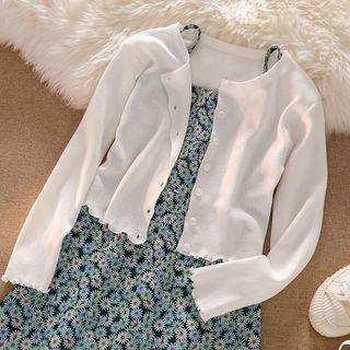 Frill Trim Cardigan / Spaghetti Strap Floral Print Sundress