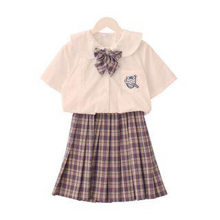 Embroidered Short-sleeve Shirt / Plaid Bow Tie / Tie / Mini Pleated Skirt / Set