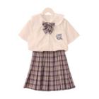 Embroidered Short-sleeve Shirt / Plaid Bow Tie / Tie / Mini Pleated Skirt / Set